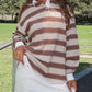 Striped Button Detail Long Sleeve Polo - DAVERRI FASHIONS