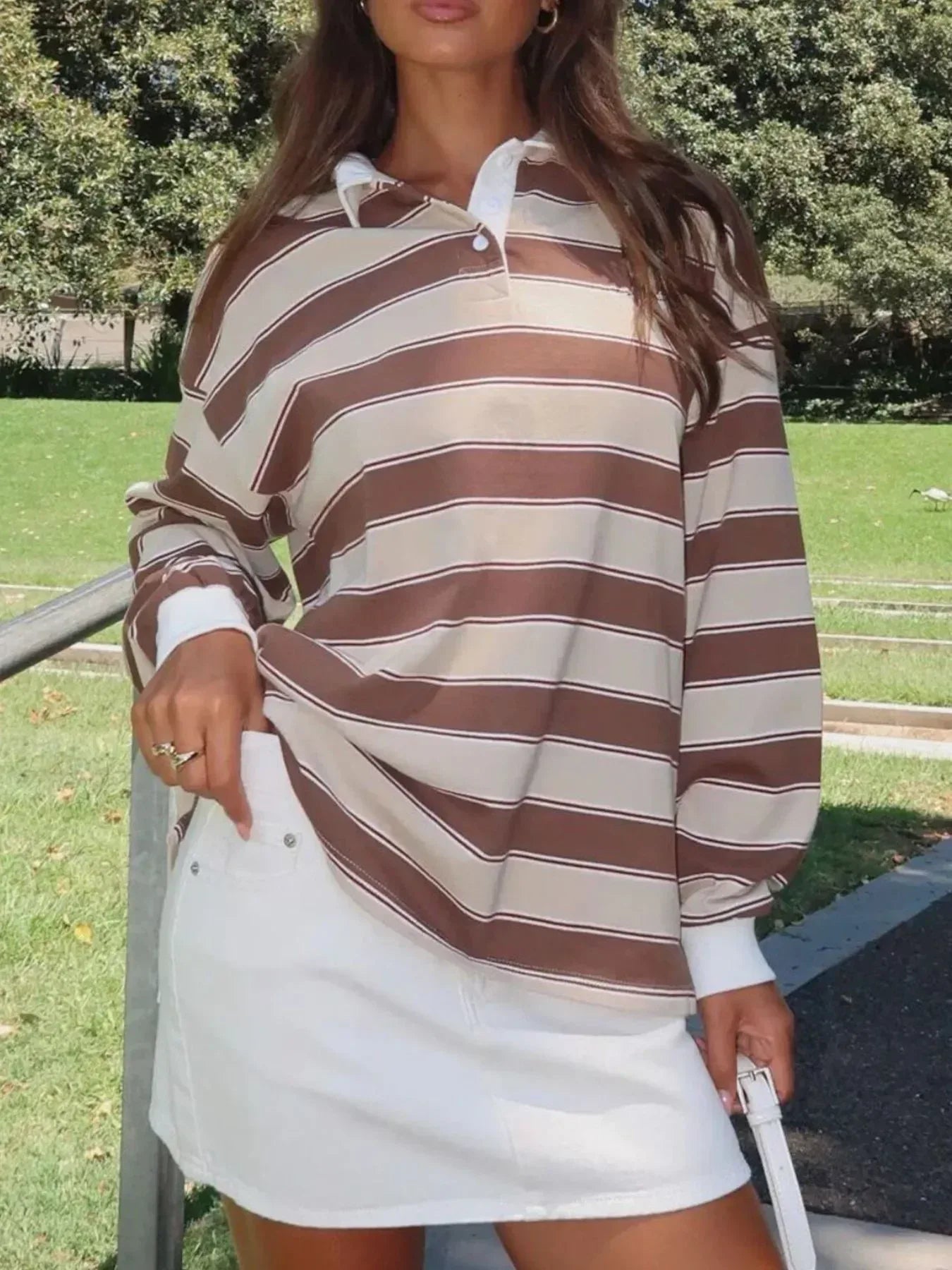 Striped Button Detail Long Sleeve Polo - DAVERRI FASHIONS