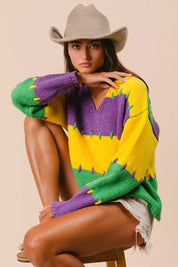 BiBi Stitch Detail Mardi Gras multicolored knit geometric sweater