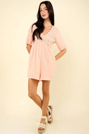 VERY J Lace Detail Puff Sleeve Romper with Pockets | Rompers Daverri Fashions