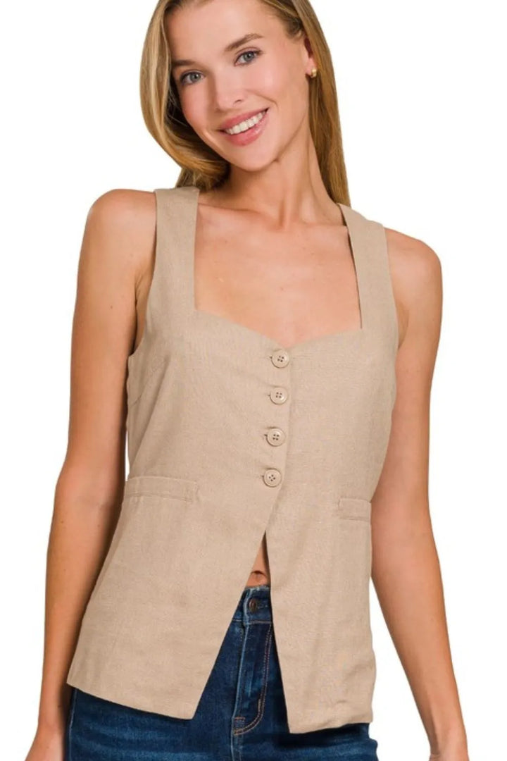 Zenana Linen Tie-back 4-button Vest with Lining LT MOCHA Vests