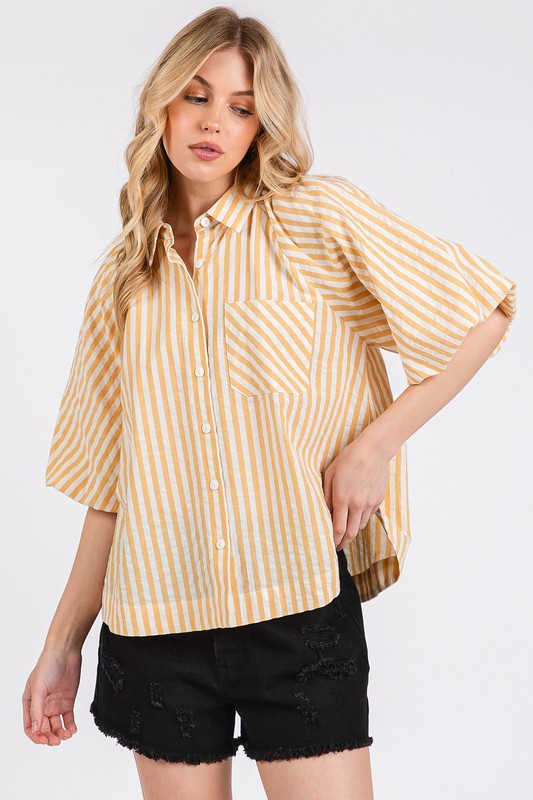 Mittoshop Button Down Striped Puff Sleeve Shirt