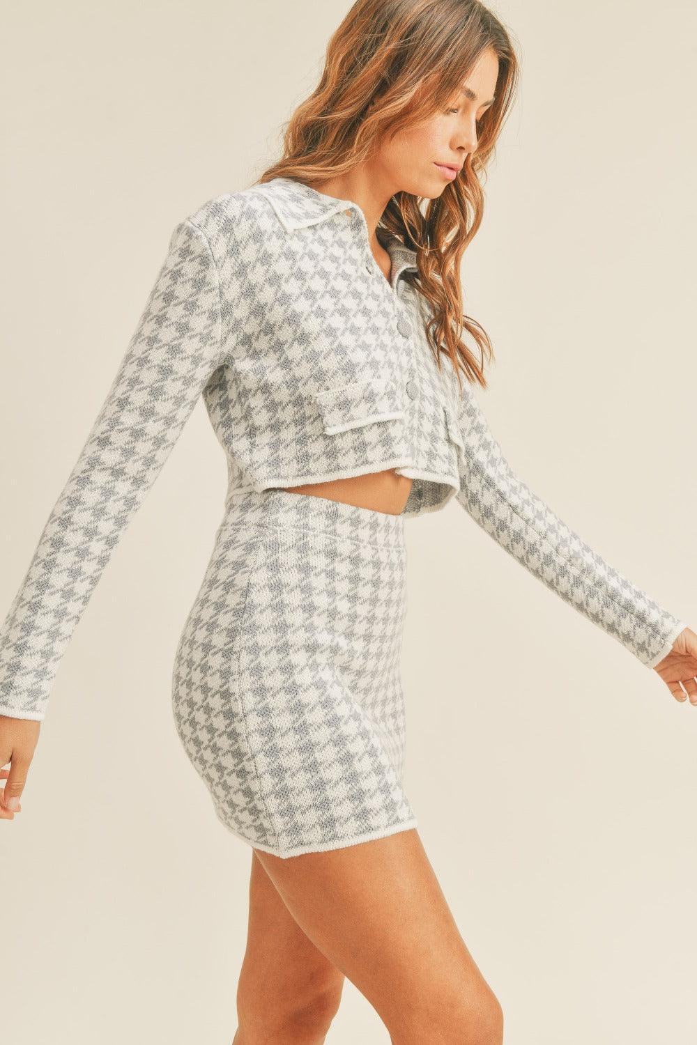 MABLE Houndstooth Cropped Knit Cardigan and Mini Skirt Set Outfit Sets