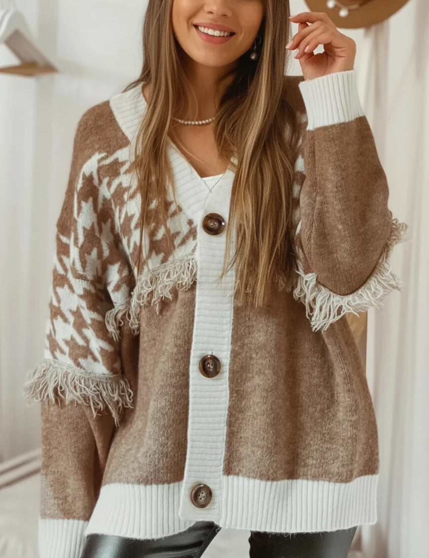 Brown and white houndstooth fringe trim button-up cardigan