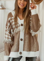 Brown and white houndstooth fringe trim button-up cardigan