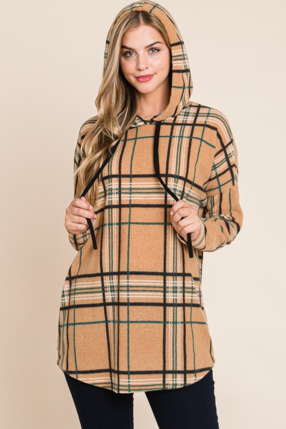 BOMBOM Drawstring Plaid Long Sleeve Hoodie Taupe