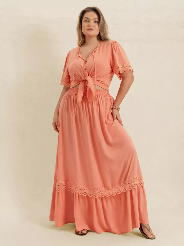 Plus Size Lace Detail Tie Neck Top and Skirt Set | Outfit Sets Daverri Fashions