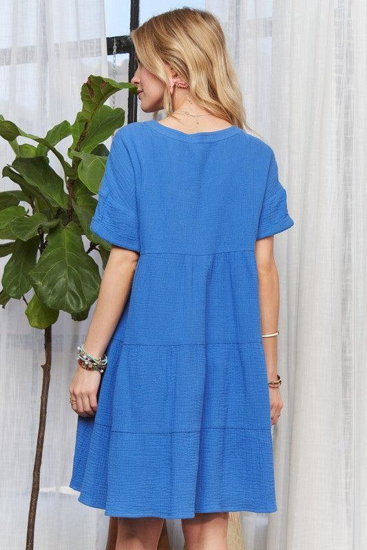 ADORA Tiered Notched Short Sleeve Dress - DAVERRI FASHIONS