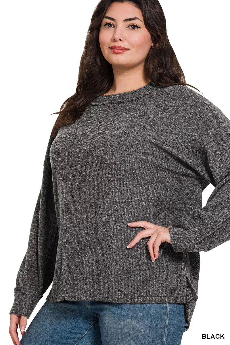 Zenana Full Size Brushed Ribbed Hacci Drop Shoulder Sweater Plus Size | Sweaters Daverri Fashions