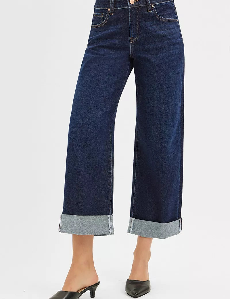 DARK RISEN Mid Rise Fit Ankle Wide Roll Up Jeans | Jeans Daverri Fashions