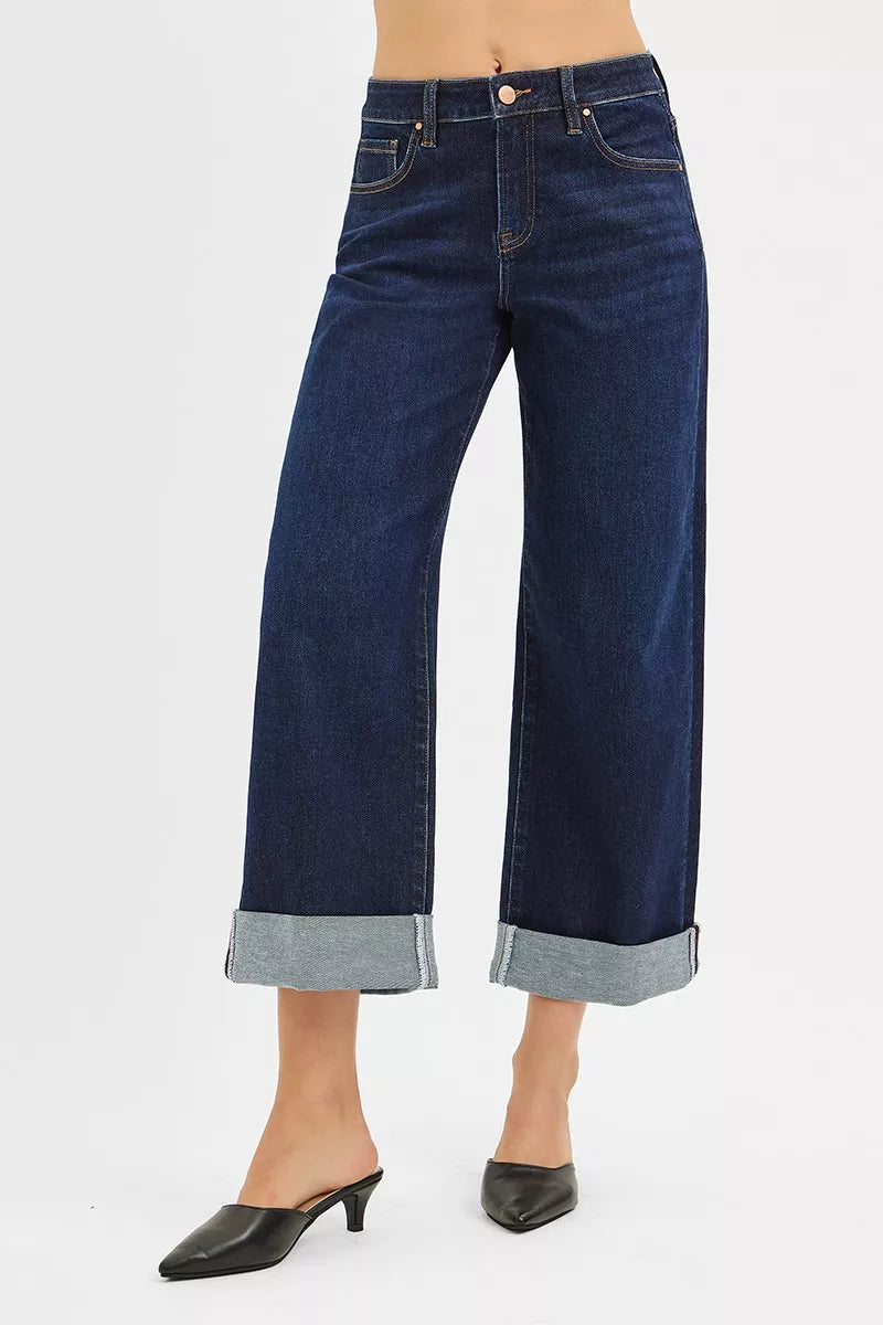 DARK RISEN Mid Rise Fit Ankle Wide Roll Up Jeans | Jeans Daverri Fashions