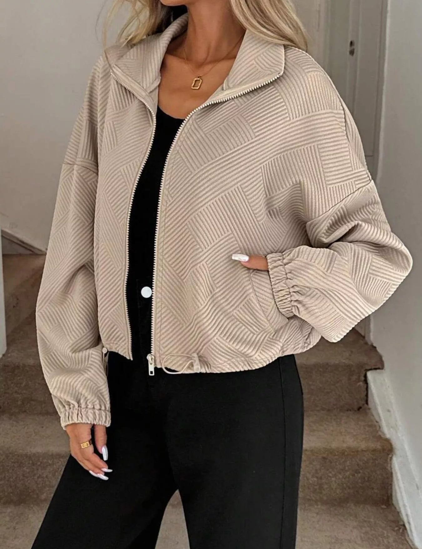 Khaki Drawstring Hem Textured Long Sleeve Jacket | Jackets Daverri Fashions