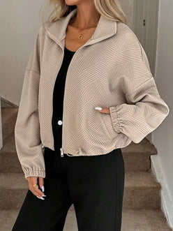 Drawstring Hem Textured Long Sleeve Jacket - DAVERRI FASHIONS