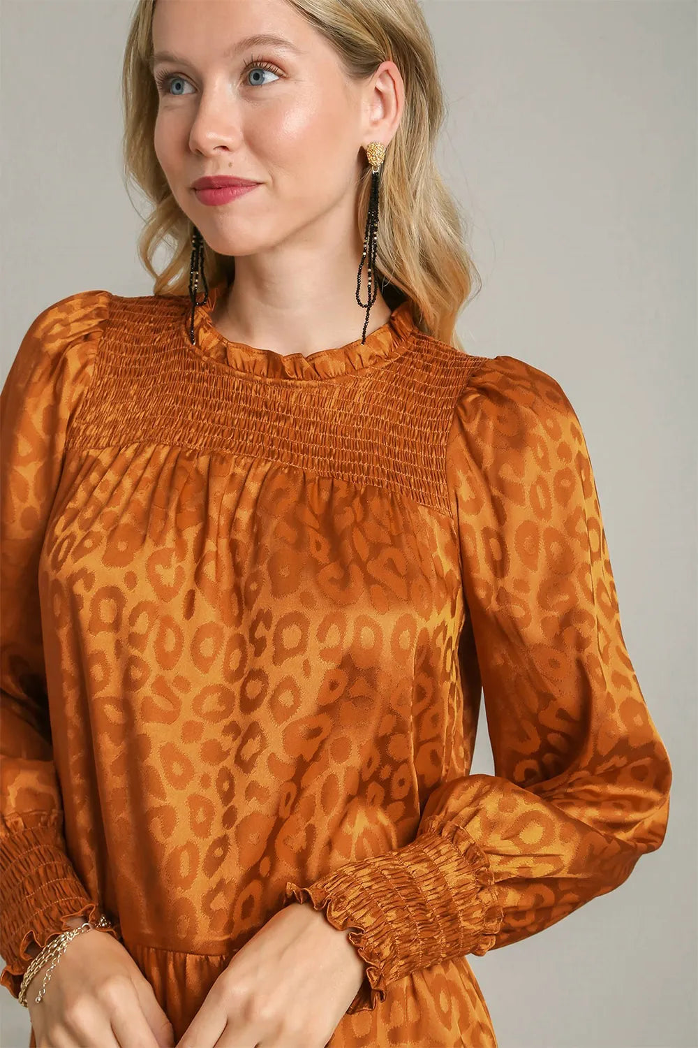 Umgee Smocked Leopard Long Sleeve Tiered Dress Mini Dresses