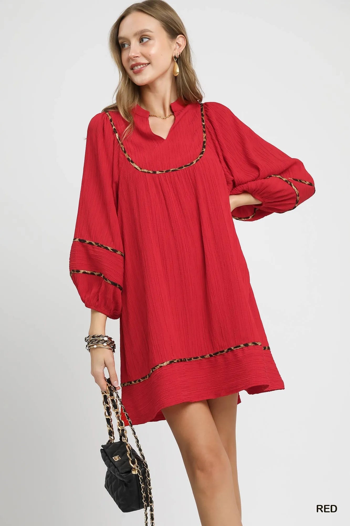 Umgee Textured Babydoll Dress with Leopard Trim Red