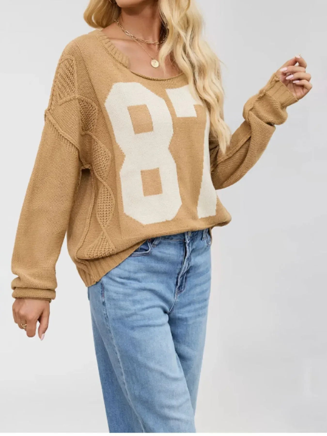Number 87 Oversized Cable Knit Sweater - DAVERRI FASHIONS