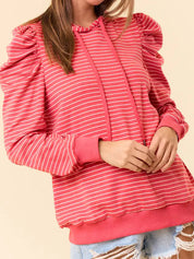 Coral striped hoodie with ruffled puff sleeves and drawstring hood