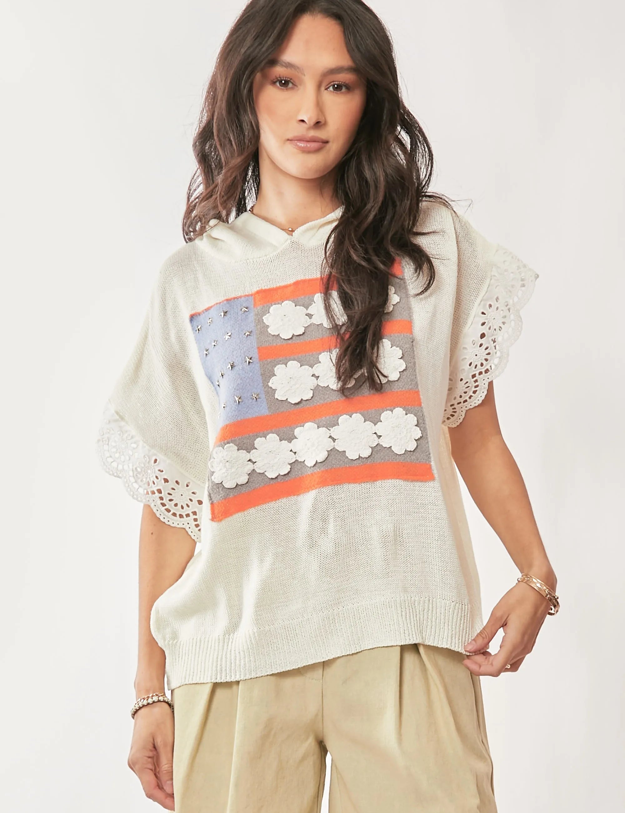 IVORY WHITE L Davi & Dani American Flag Loose Fit Lace Sleeve Hoodie Top | Tops Daverri Fashions
