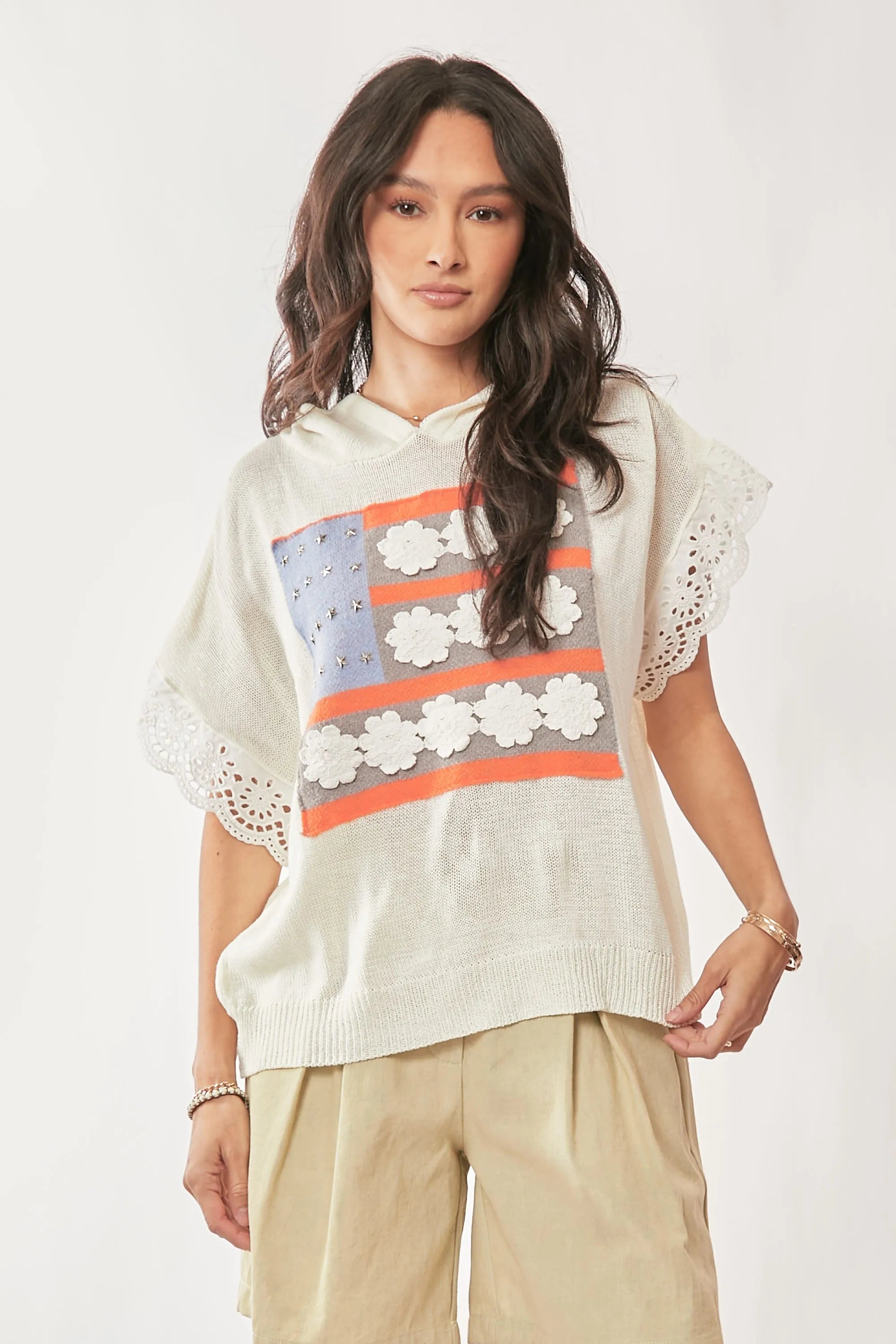 IVORY WHITE L Davi & Dani American Flag Loose Fit Lace Sleeve Hoodie Top | Tops Daverri Fashions