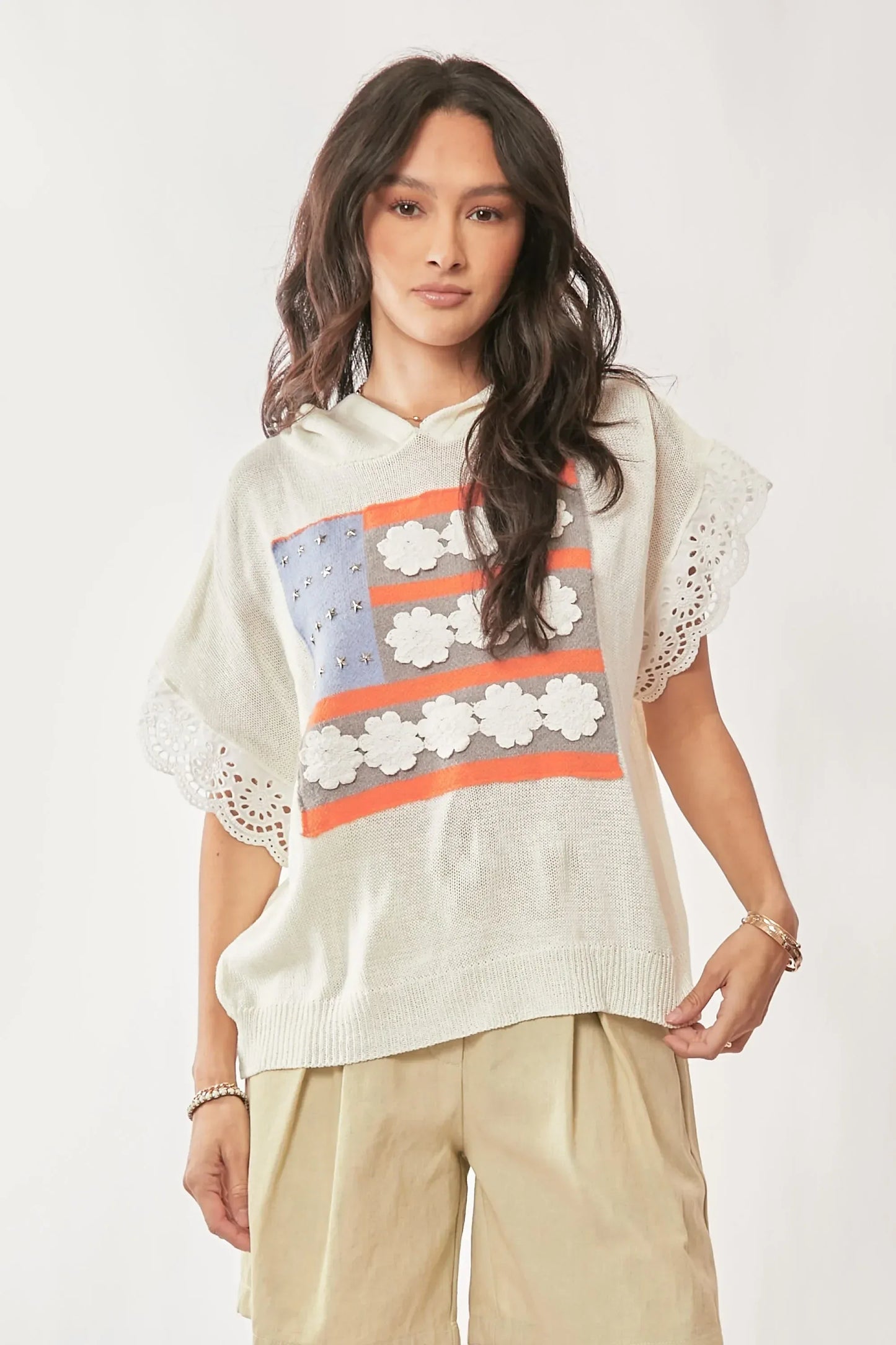 Davi & Dani American Flag Loose Fit Lace Sleeve Hoodie Top - DAVERRI FASHIONS