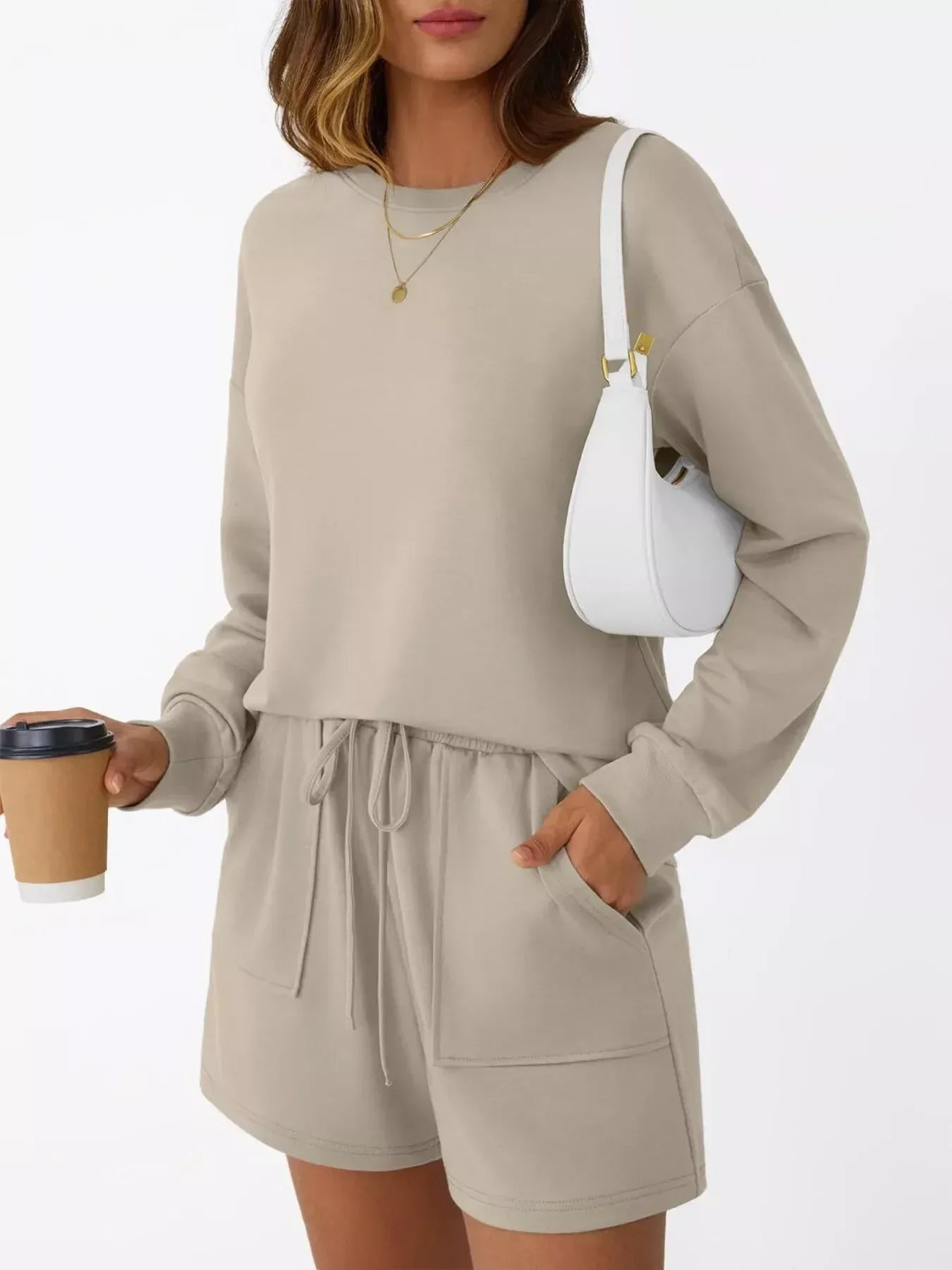 Round Neck Long Sleeve Top and Shorts Set - DAVERRI FASHIONS