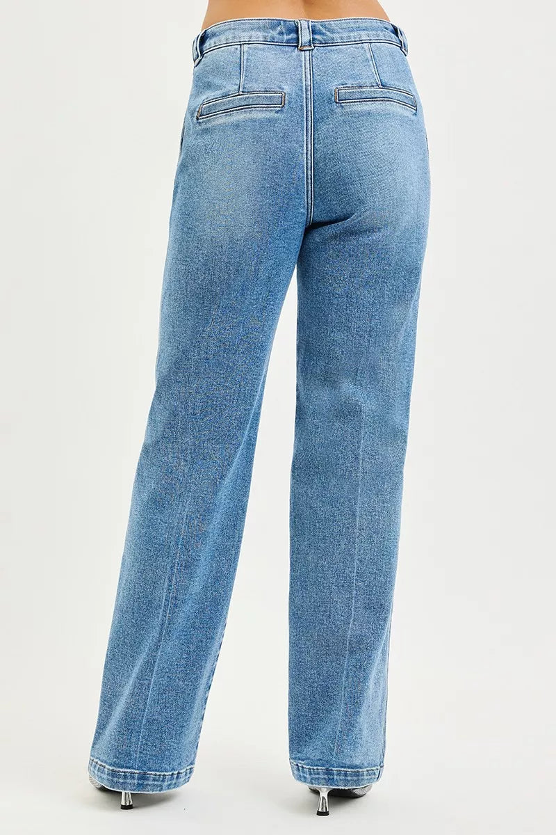 RISEN Slouchy Straight Jeans in light-wash blue wide-leg denim with back pockets