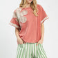 Umgee French Terry Top: Soft Coral Short-Sleeve with Floral Patch
