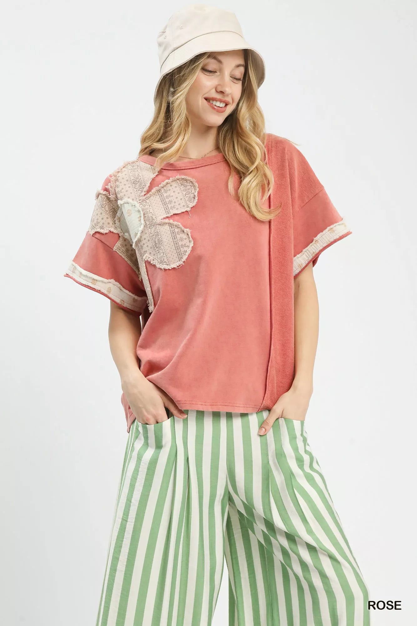Umgee French Terry Top: Soft Coral Short-Sleeve with Floral Patch
