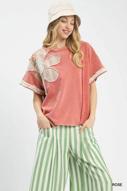 Umgee French Terry Top: Soft Coral Short-Sleeve with Floral Patch