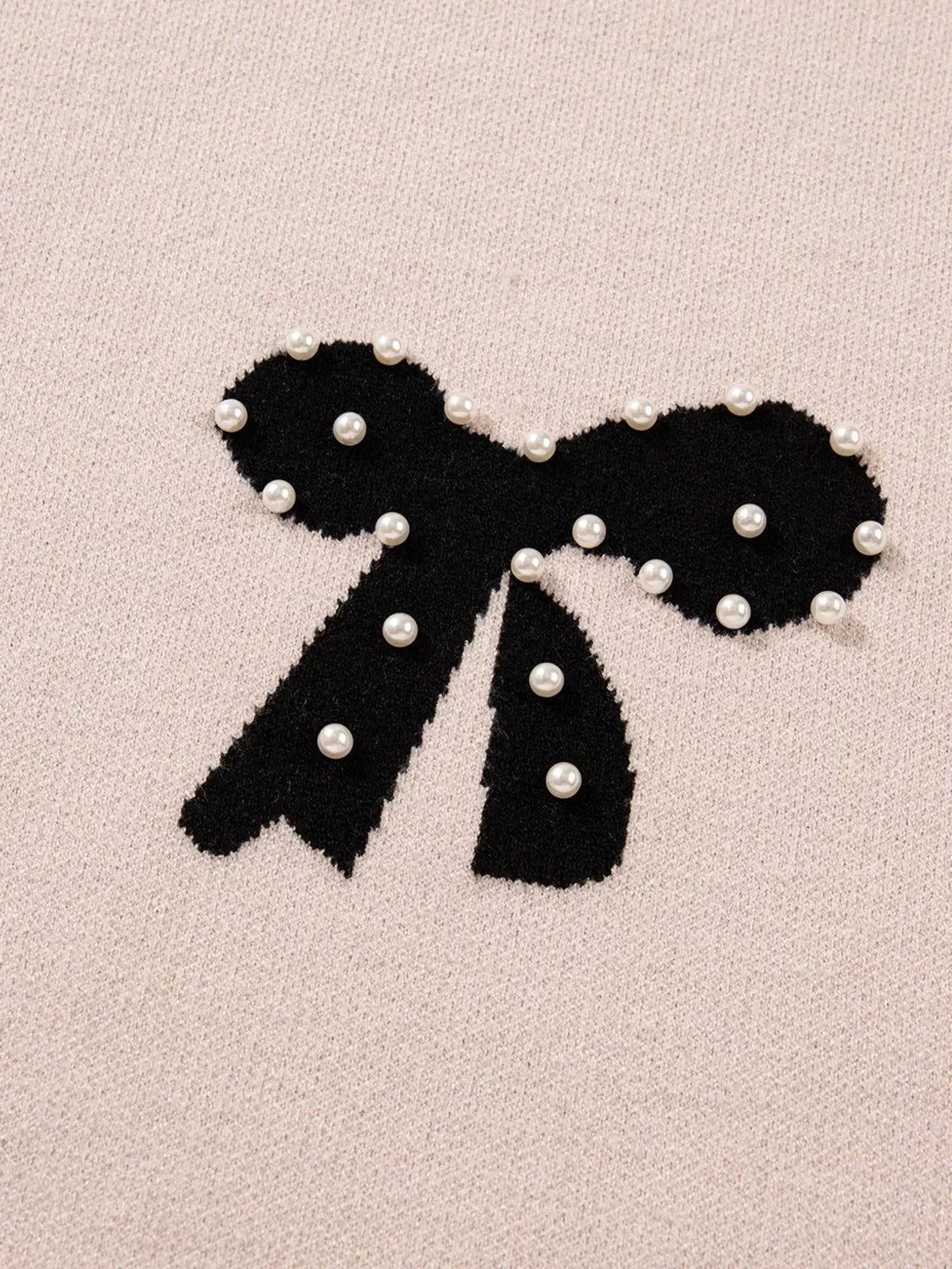 Pearl Embellished Bow Pattern Loose Sweater Dust Storm - DAVERRI FASHIONS
