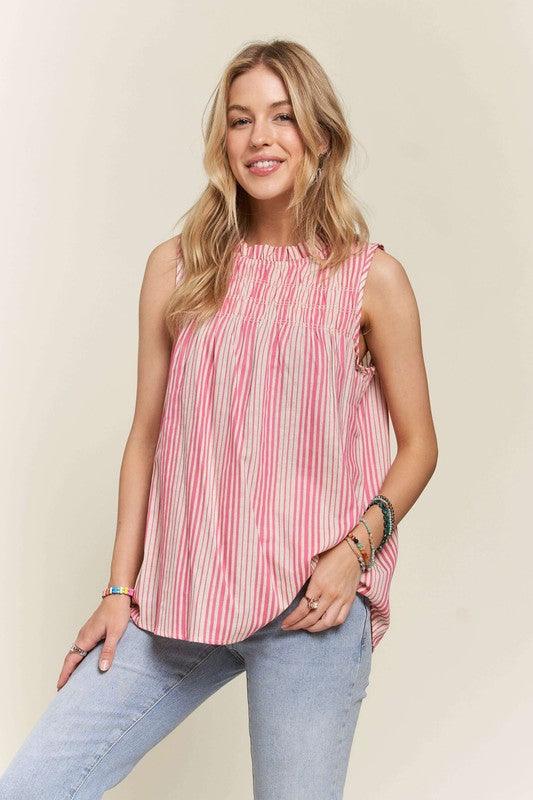 ADORA Contrast Striped Frill Round Neck Sleeveless Top Hot Pink S Tops