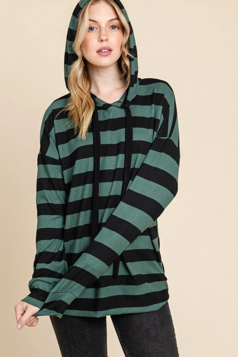 BOMBOM Drawstring Striped Dropped Shoulder Hoodie | Hoodies Daverri Fashions