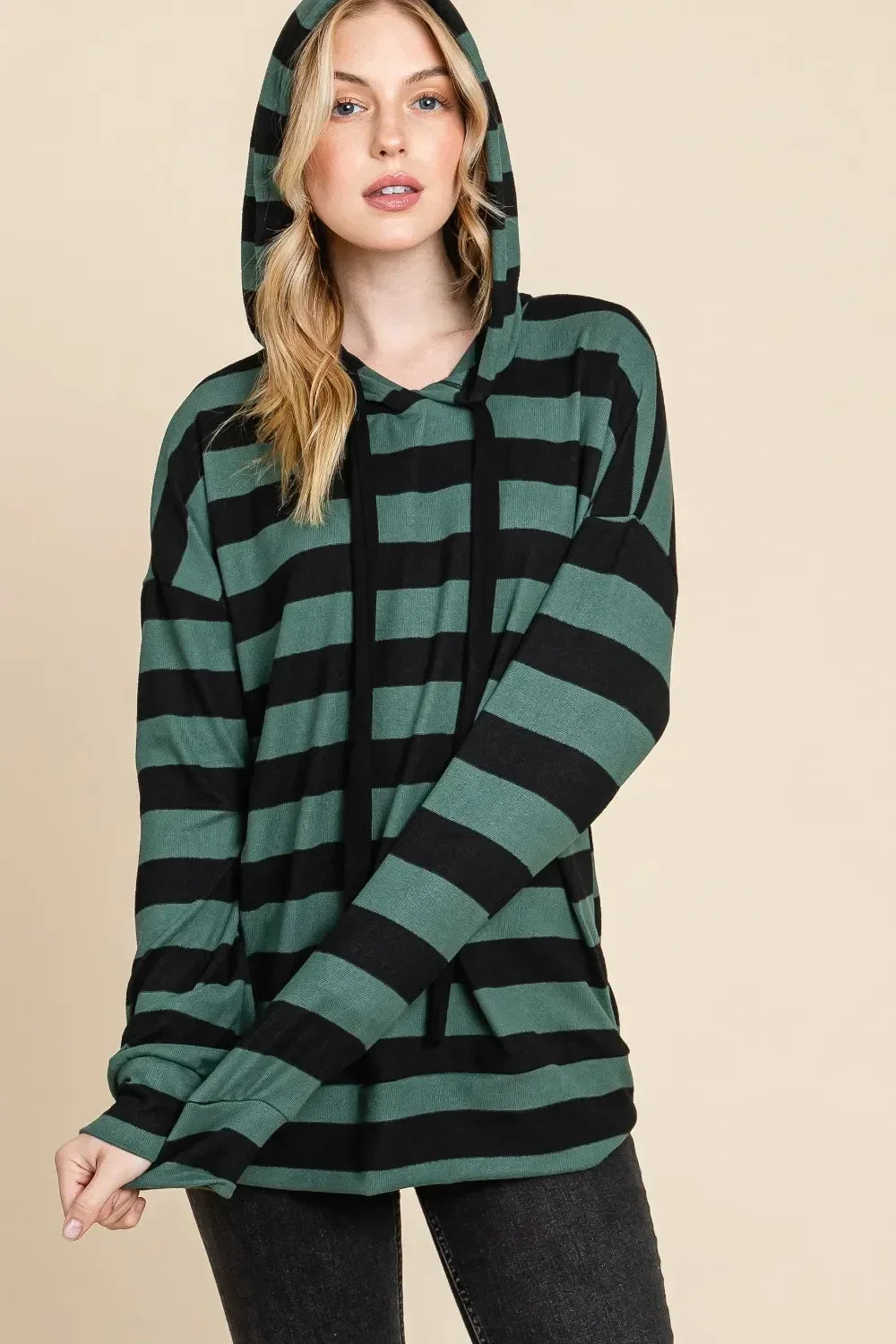 BOMBOM Drawstring Striped Dropped Shoulder Hoodie - DAVERRI FASHIONS