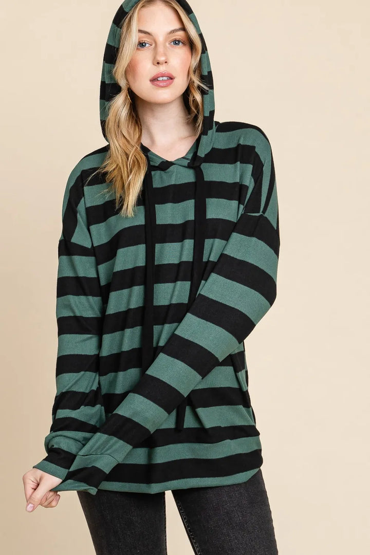 BOMBOM Drawstring Striped Dropped Shoulder Hoodie | Hoodies Daverri Fashions