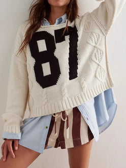 Number 87 Oversized Cable Knit Sweater - DAVERRI FASHIONS