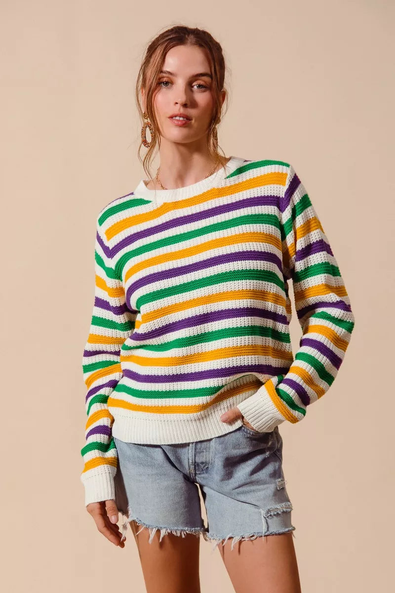 Vibrant SO ME Mardi Gras striped knit sweater top in green, purple, yellow, white