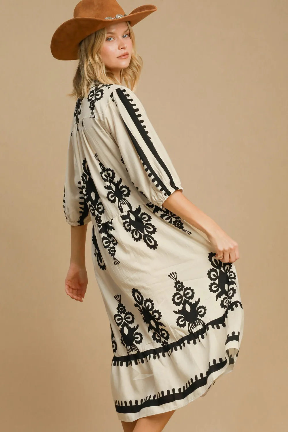 Umgee Printed Notched Midi Dress Midi Dresses