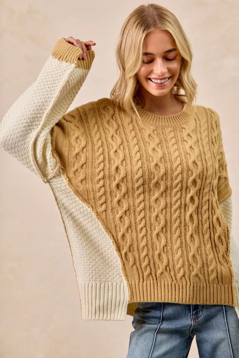 BiBi Cable Knit With Hacci Combo Sweater With Uneven Hem Detail | Sweaters Daverri Fashions