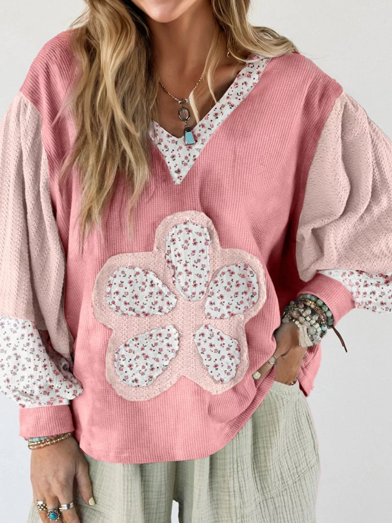 Dusty Pink Floral Patch V-Neck Sweatshirt | Sweatshirts Daverri Fashions