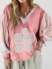 Dusty Pink Floral Patch V-Neck Sweatshirt | Sweatshirts Daverri Fashions