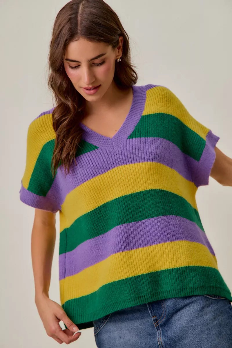 SO ME Mardi Gras V-neck striped sweater in purple, green, yellow