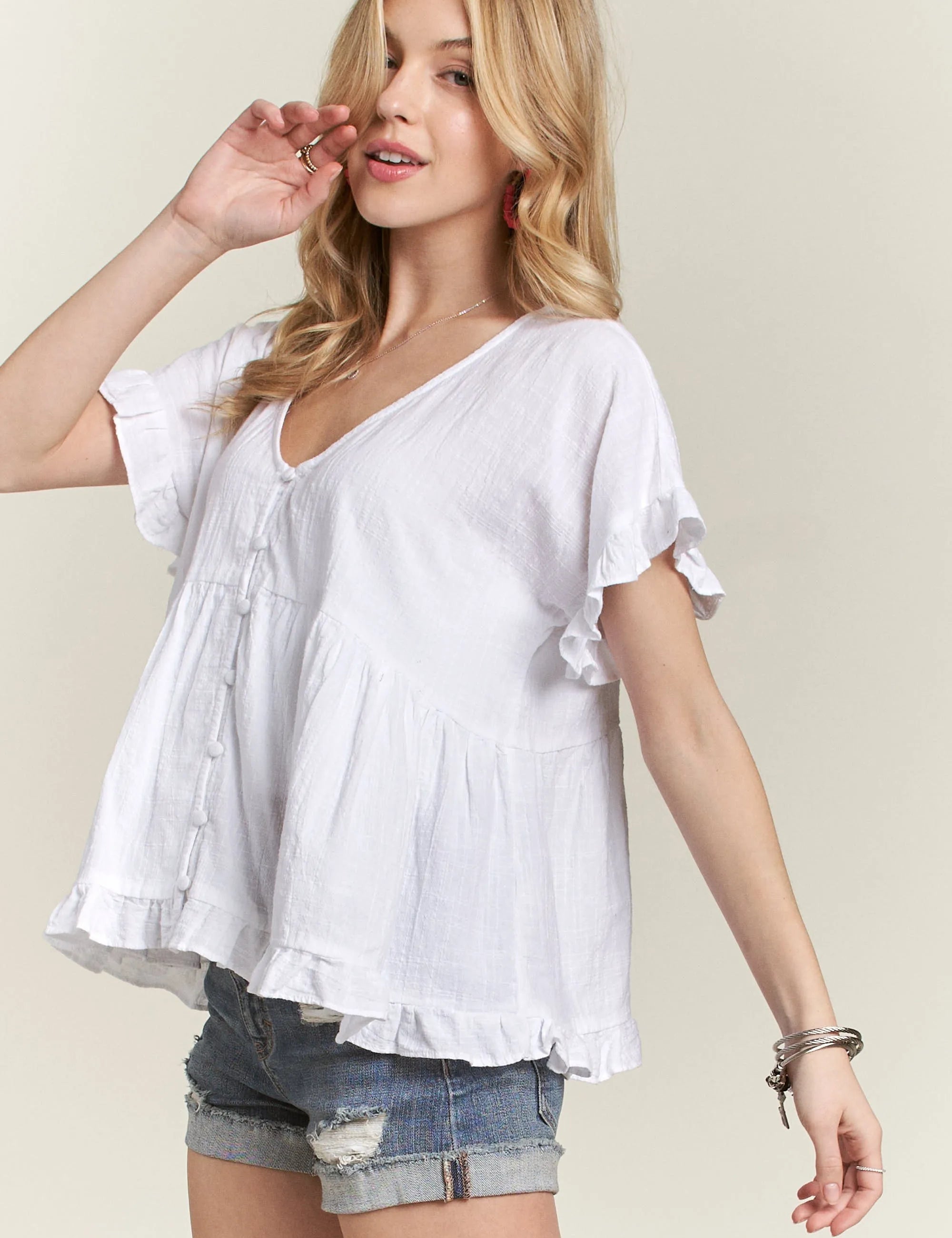 ADORA Button Down Ruffled Babydoll Blouse | Daverri Fashions