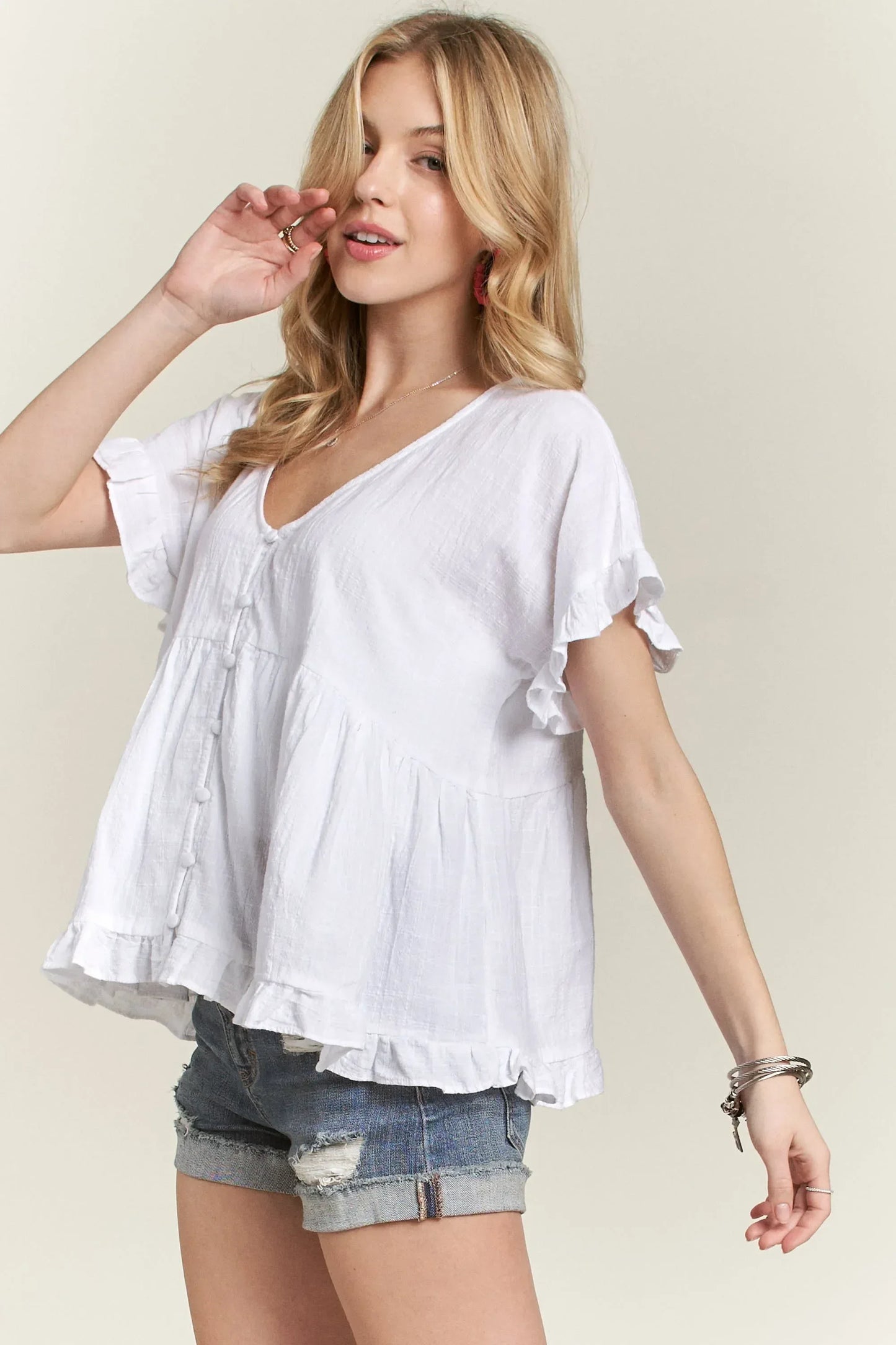 ADORA Button Down Ruffled Babydoll Blouse - DAVERRI FASHIONS