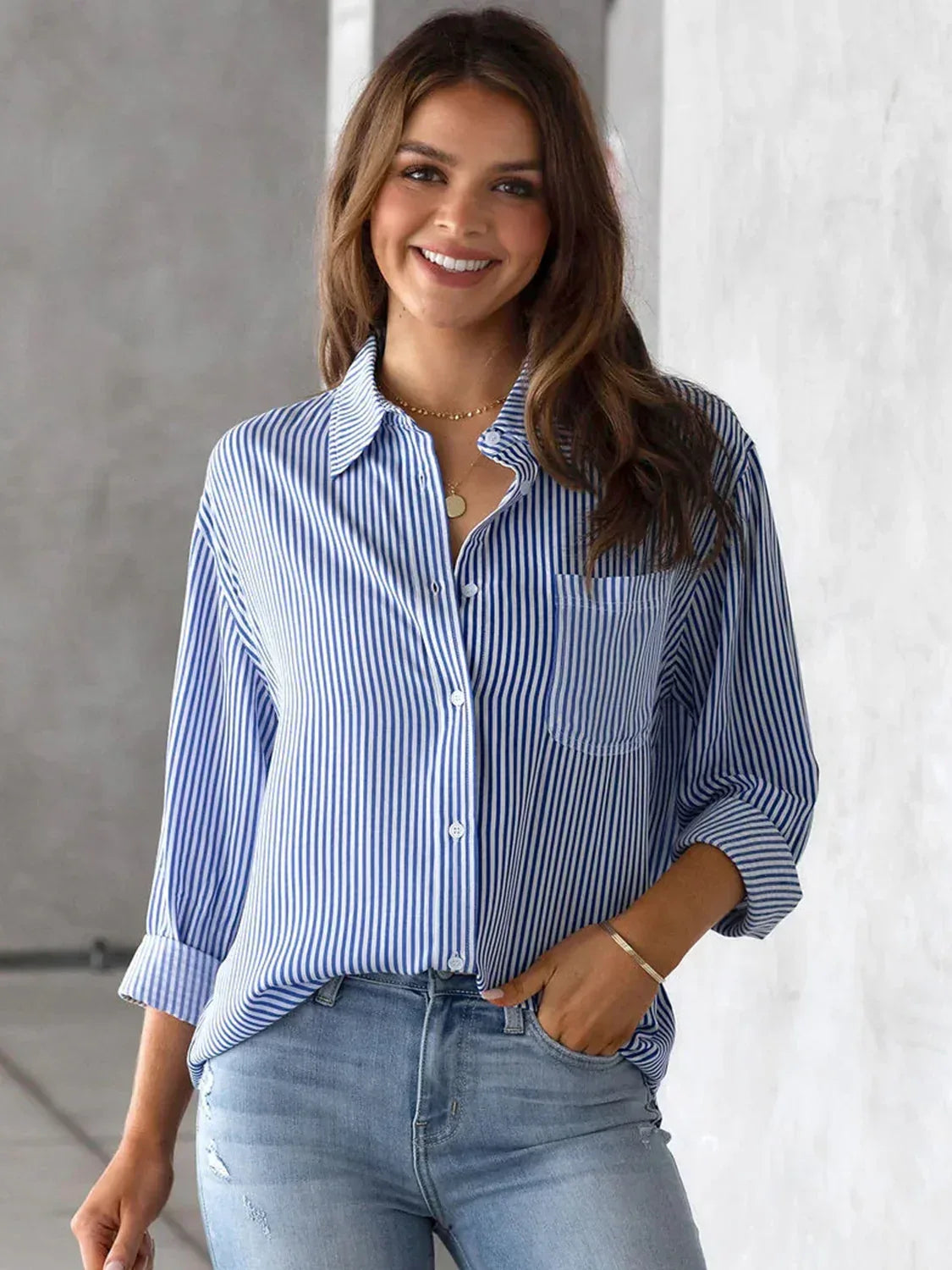 Lovelet Striped Collared Neck Shirt with Pocket - DAVERRI FASHIONS