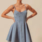 SO ME light blue denim A-line fit and flare mini dress with thin straps