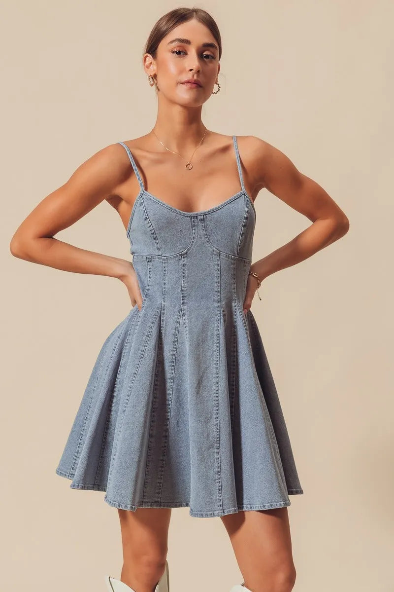 SO ME light blue denim A-line fit and flare mini dress with thin straps
