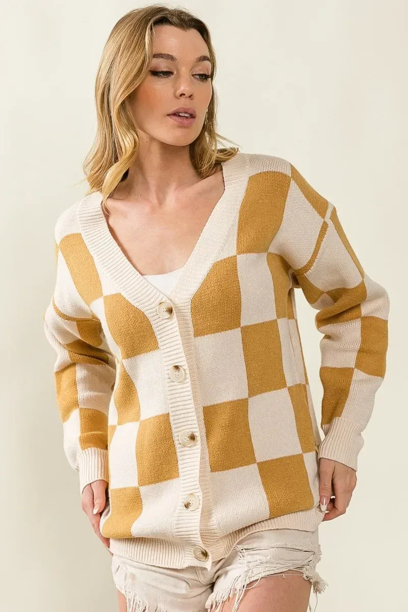 BiBi Checked V-neck Cardigan - DAVERRI FASHIONS