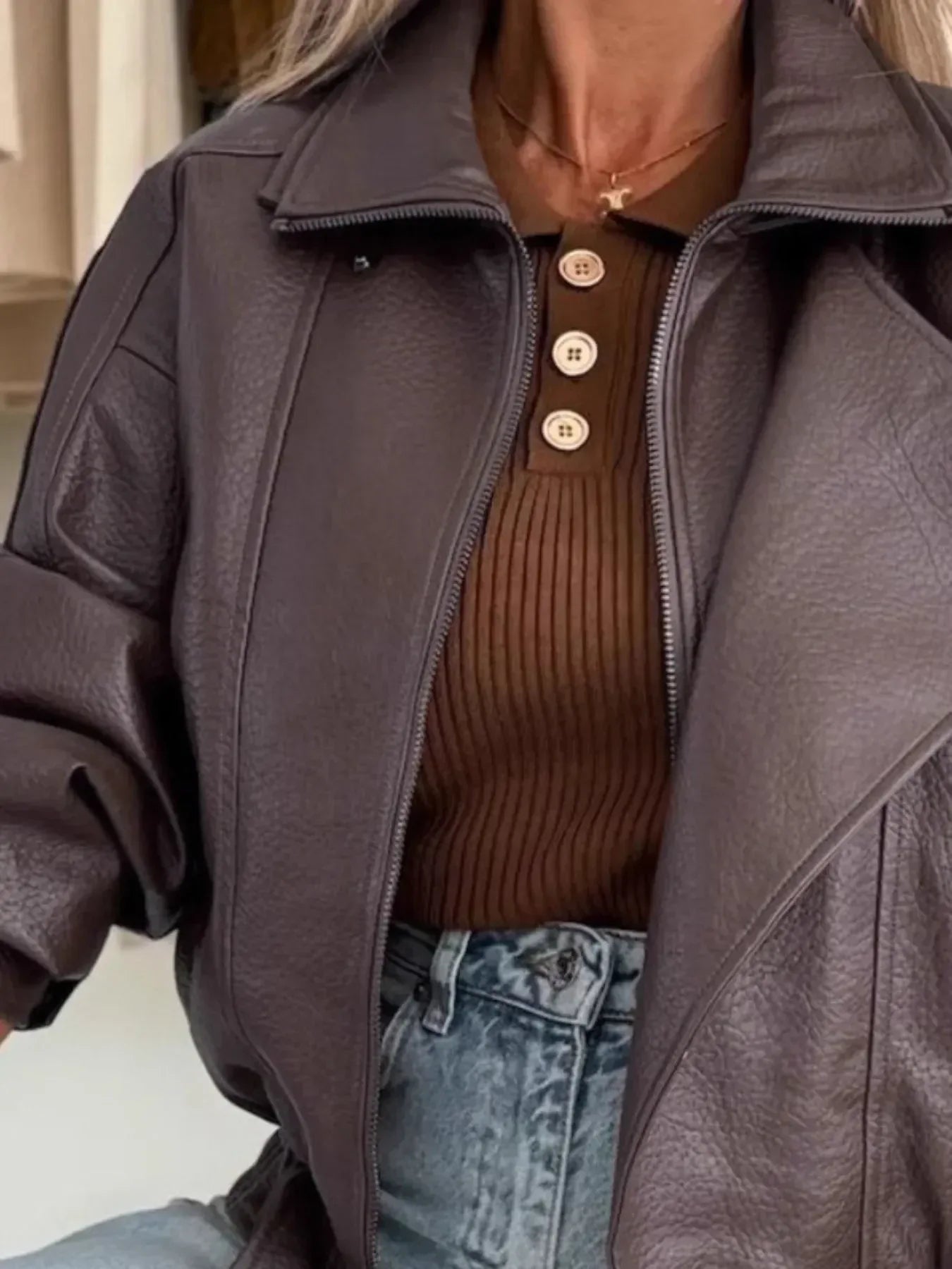 Faux Leather Zip Up Moto Jacket - DAVERRI FASHIONS