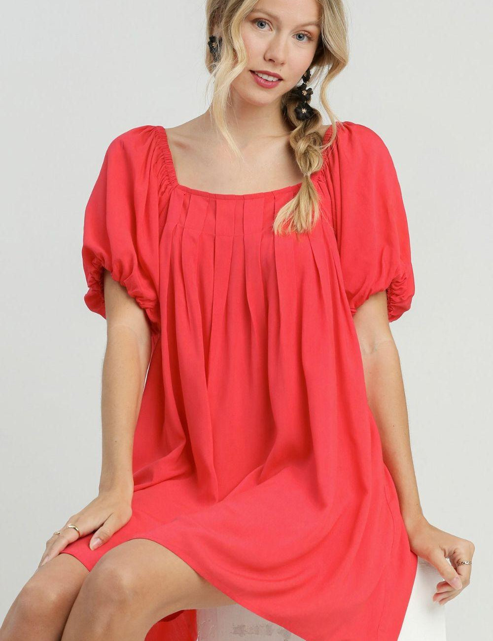 Red Umgee Full Size Squared Neck Puff Sleeve Mini Dress | Mini Dresses Daverri Fashions