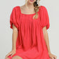 Umgee Full Size Squared Neck Puff Sleeve Mini Dress Red Mini Dresses